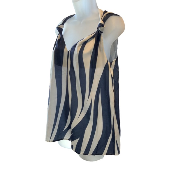 Noracora Top Blue and White Vertical Waves With a V-Neck Knotted Neckline Small - Picture 2 of 8